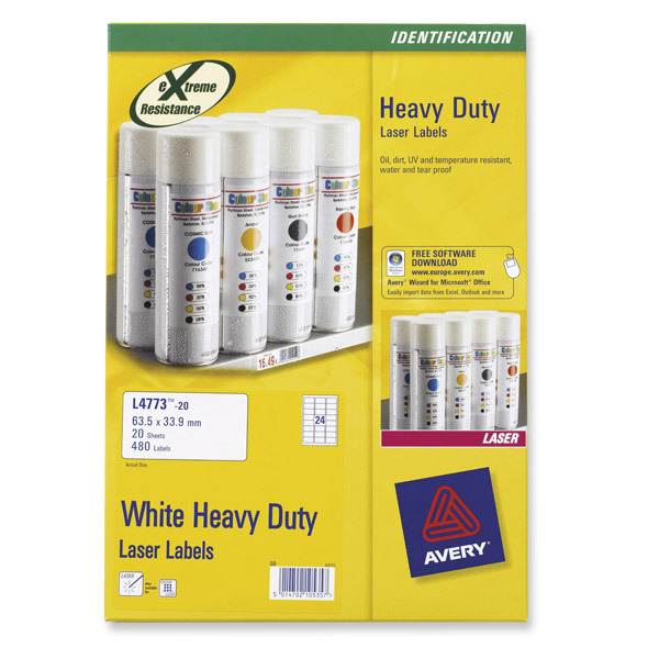 AVERY L4773-20 WHITE HEAVY DUTY LABELS 64.6 X 33.8MM - BOX OF 20