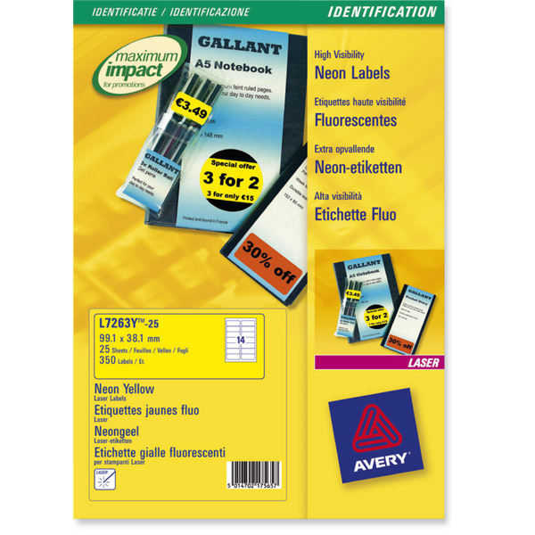 Avery L7263Y neon labels 99,1x38,1mm yellow - box of 350