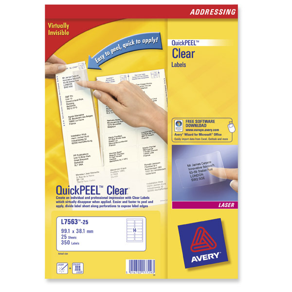 Avery L7563 clear labels 99,1x38,1mm - box of 350