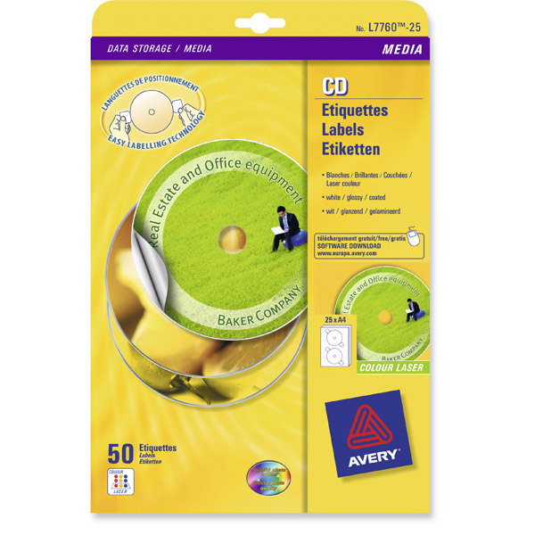 Avery L7760-25 Full Face CD Laser Labels Colour 117mm Diameter - Pack Of 25
