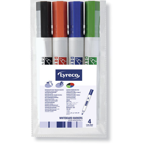 Marker suchościeralny LYRECO, okrągła końcówka, zestaw 4 kolorów