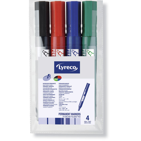 LYRECO CHISEL TIP ASSORTED COLOUR PERMANENT MARKERS - WALLET OF 4