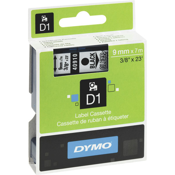 Dymo 40910 D1-etiketteerlint/tape 9mm zwart/transparant