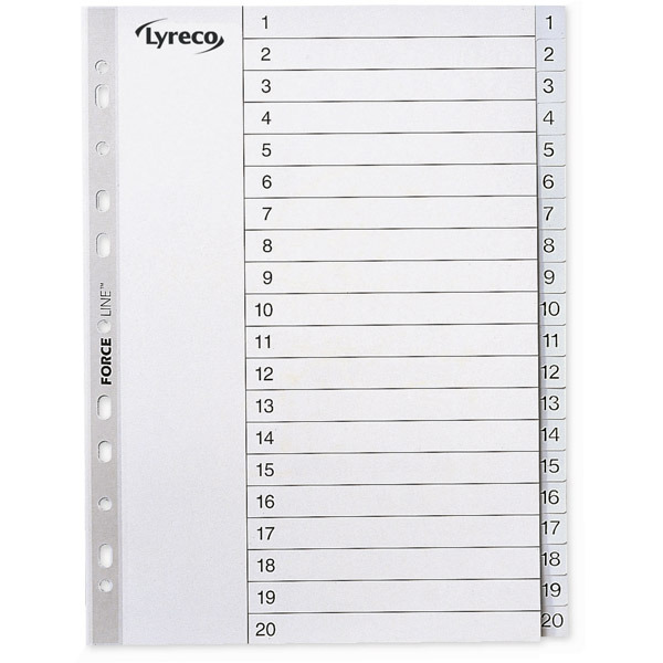 LYRECO POLYPROPYLENE GREY A4 1-20 NUMBERED TABBED INDEX SUBJECT DIVIDERS