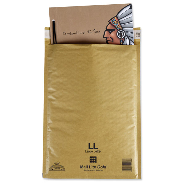 CONF. DA 50 BUSTE A SACCO IMBOTTITE MAIL LITE GOLD 22 X 33 CM COL. AVANA