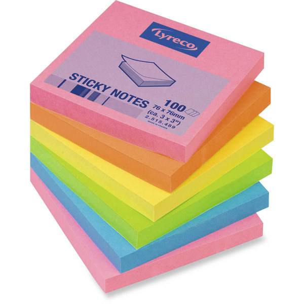 LYRECO ADHESIVE NOTES 76 X 76MM 5 ASSORTED BRILLIANT COLOURS - PACK OF 6 PADS