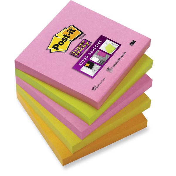 POST-IT SUPER STICKY NOTES NEON RAINBOW 76X76MM  5 PAD PACK (90 SHEETS PER PAD)