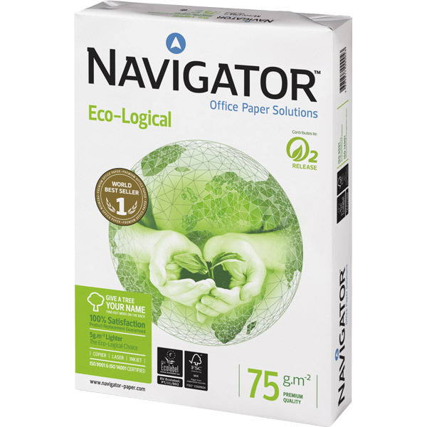 Caixa 5 pacotes 500 folhas papel NAVIGATOR Eco-logical A4 75g/m2 branco