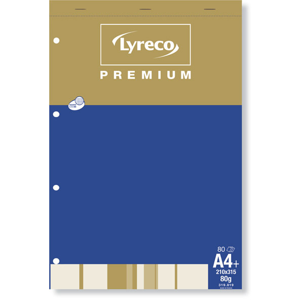 Bloco 80 folhas A4+,microperf.,4 furos,quadricula 5mm,80 g/m2,LYRECO Premium