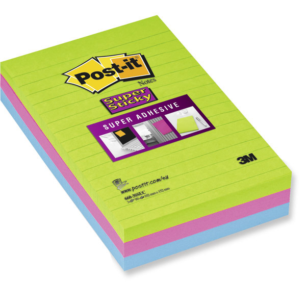 POST-IT SUPER STICKY NOTES ULTRA COLOURS RULED 102 X 152MM 3 PAD PACK