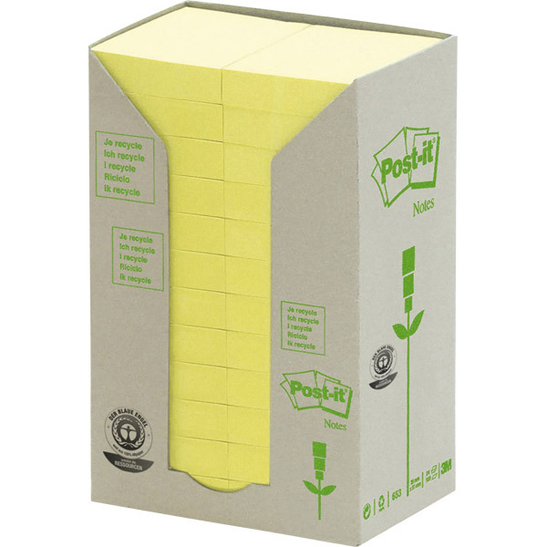 POST-IT RECYCLED NOTES TOWER OF 24 PADS PASTEL YELLOW 38 X 51MM
