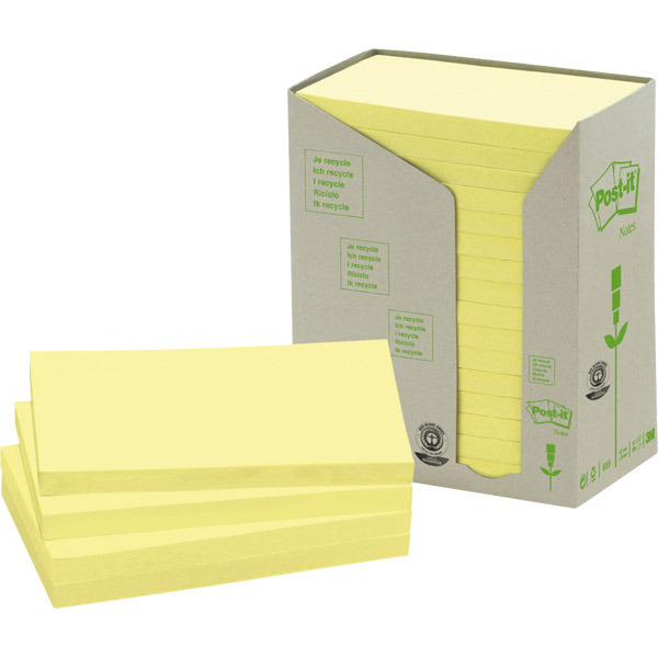 Notes recyclées Post-it - 76 x 127 mm - jaunes - tour 16 blocs x 100 feuilles