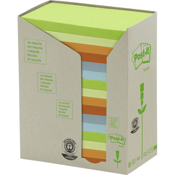 3M POST-IT RECYCLED NOTES TOWER OF 16 PADS PASTEL COLOURS 76X127MM