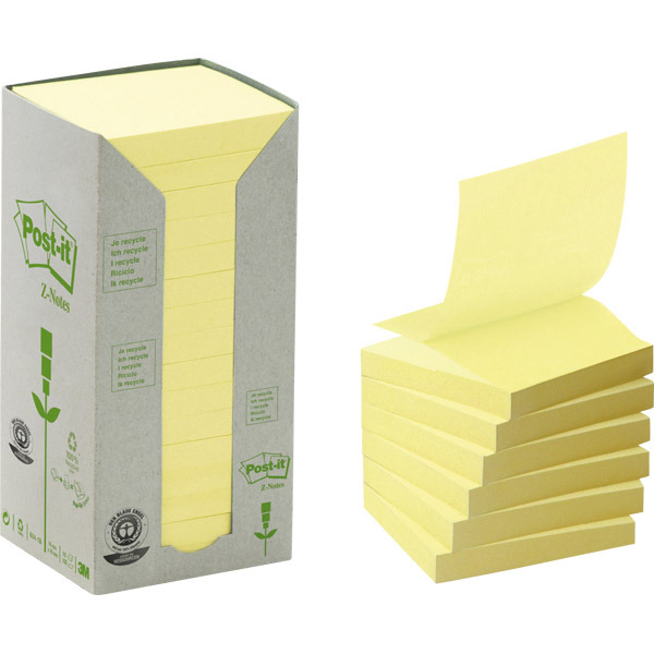Z-Notes recyclées Post-it - 76 x 76 mm - jaunes - tour 16 blocs x 100 feuilles