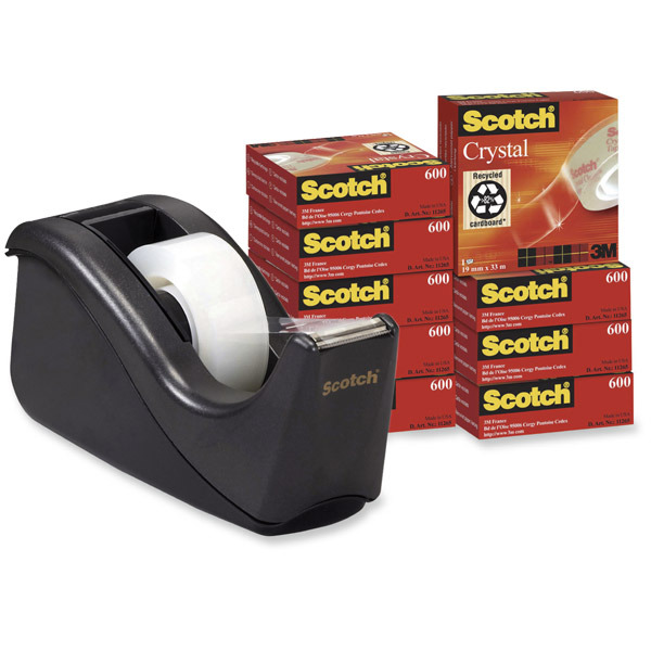Pack 10 cintas adhesivas Scotch Cristal Supertransparente 600 + dispensador C60