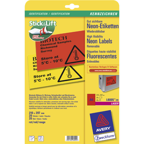 Avery Labels A4 Size 210X297Mm Fluorescent Red - Box Of 20 Labels