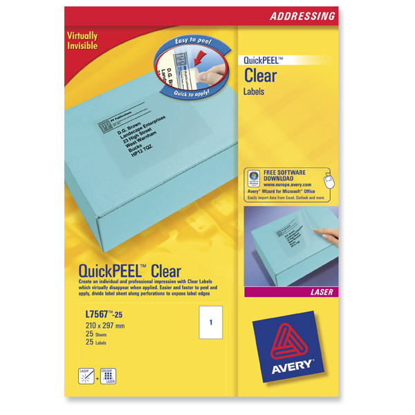 Avery L7567 clear labels 210x297mm - box of 25