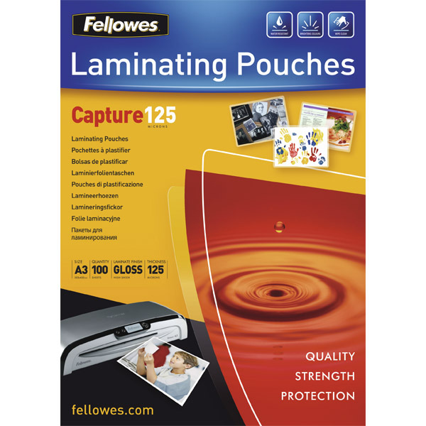 FELLOWES LAMINATING POUCHES A3 GLOSS 250 MICRONS (2 X 125) - PACK OF 100