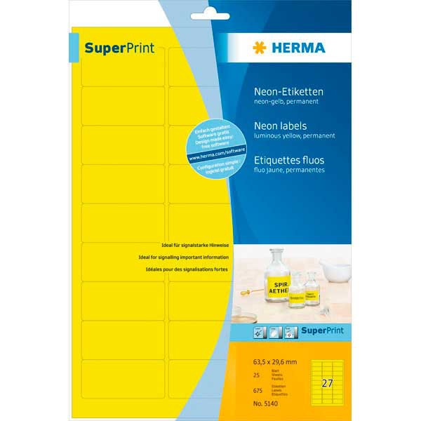 Herma 5140 étiquettes fluorescentes 63,5x29,6mm jaune - boîte de 540