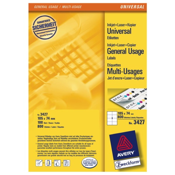 Universal-Etiketten Avery Zweckform 3427 105x74mm weiß 100 Blatt/800 Stück