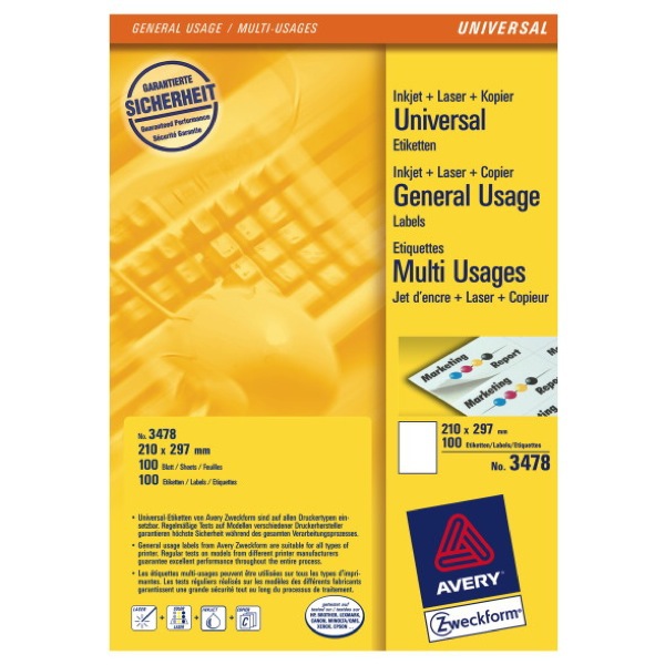 Universal-Etiketten Avery Zweckform 3478 210x297mm weiß 100 Blatt/100 Stück