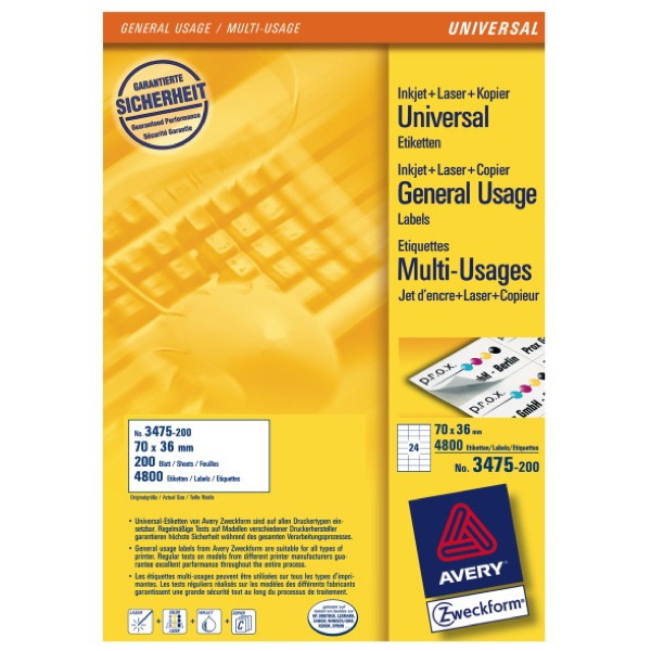 Avery 3475  Multi-Purpose Labels, 70 x 36 mm, Permanent, 24 Labels Per Sheet