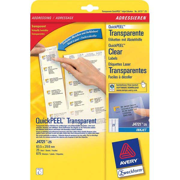 Adhesive clear Labels Avery Zweckform J4721-25, 63.5x29.6mm, 675/pack