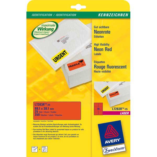 Avery L7263R neon labels 99,1x38,2mm red - box of 350