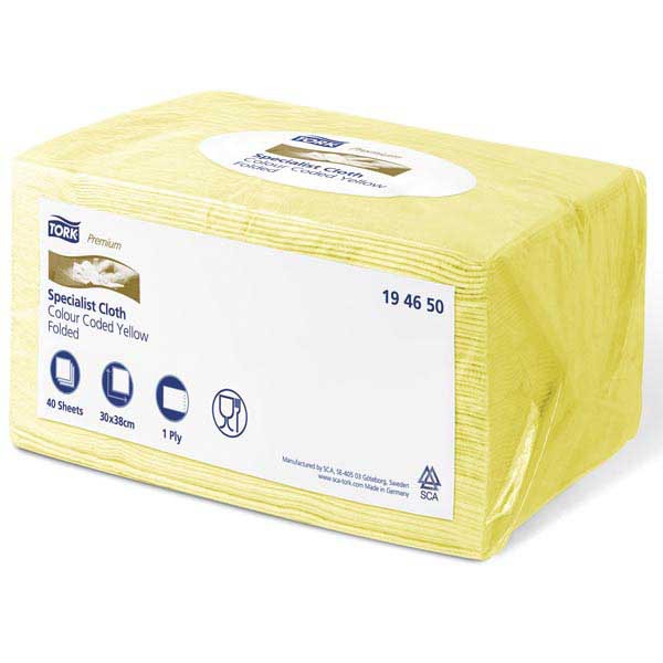 PAQUET DE 40 LAVETTES NON TISSEES TORK PREMIUM JAUNES 30X38CM RESISTANTES